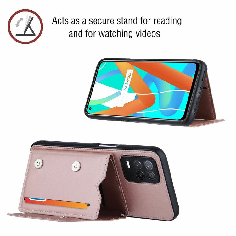 Card Holder Design Leather Kickstand Phone Case Cover with Shoulder Strap for Realme 8 5G/V13 5G/Narzo 30 5G - Rose Gold