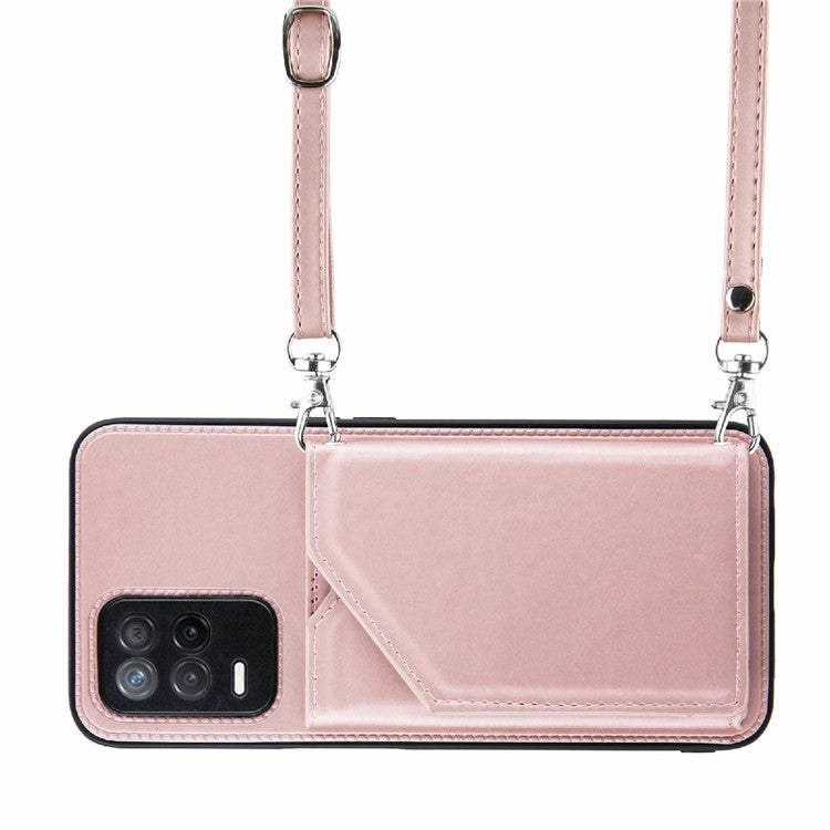 Card Holder Design Leather Kickstand Phone Case Cover with Shoulder Strap for Realme 8 5G/V13 5G/Narzo 30 5G - Rose Gold