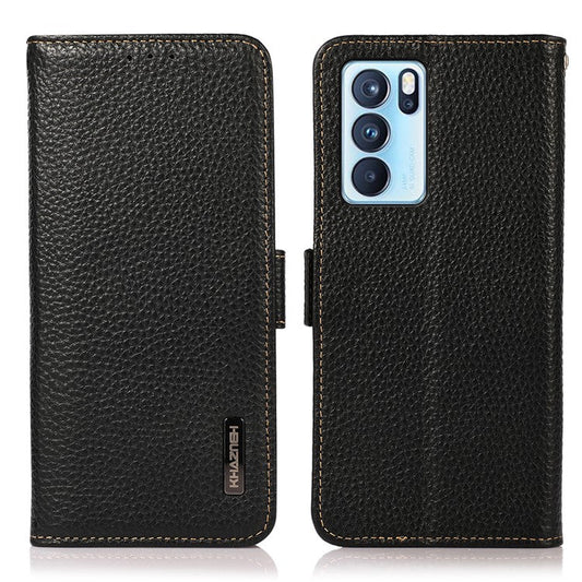 KHAZNEH Full Protection Litchi Texture Genuine Leather Anti-theft Swiping Design Phone Case for Oppo Reno6 Pro 5G (MediaTek) - Black