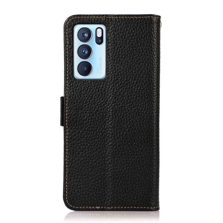 KHAZNEH Full Protection Litchi Texture Genuine Leather Anti-theft Swiping Design Phone Case for Oppo Reno6 Pro 5G (MediaTek) - Black