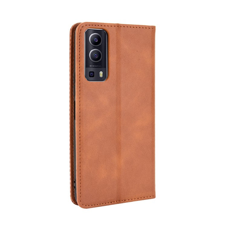 Magnetic Auto-absorbed Vintage Style Phone Wallet Stand Design Leather Case for vivo Y72 5G/iQOO Z3 - Brown