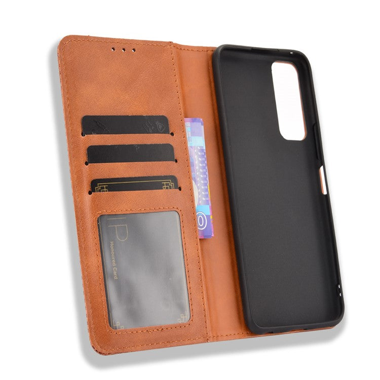 Magnetic Auto-absorbed Vintage Style Phone Wallet Stand Design Leather Case for vivo Y72 5G/iQOO Z3 - Brown