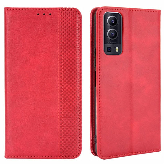 Magnetic Auto-absorbed Vintage Style Phone Wallet Stand Design Leather Case for vivo Y72 5G/iQOO Z3 - Red