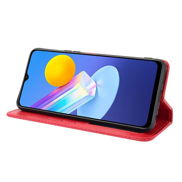 Magnetic Auto-absorbed Vintage Style Phone Wallet Stand Design Leather Case for vivo Y72 5G/iQOO Z3 - Red