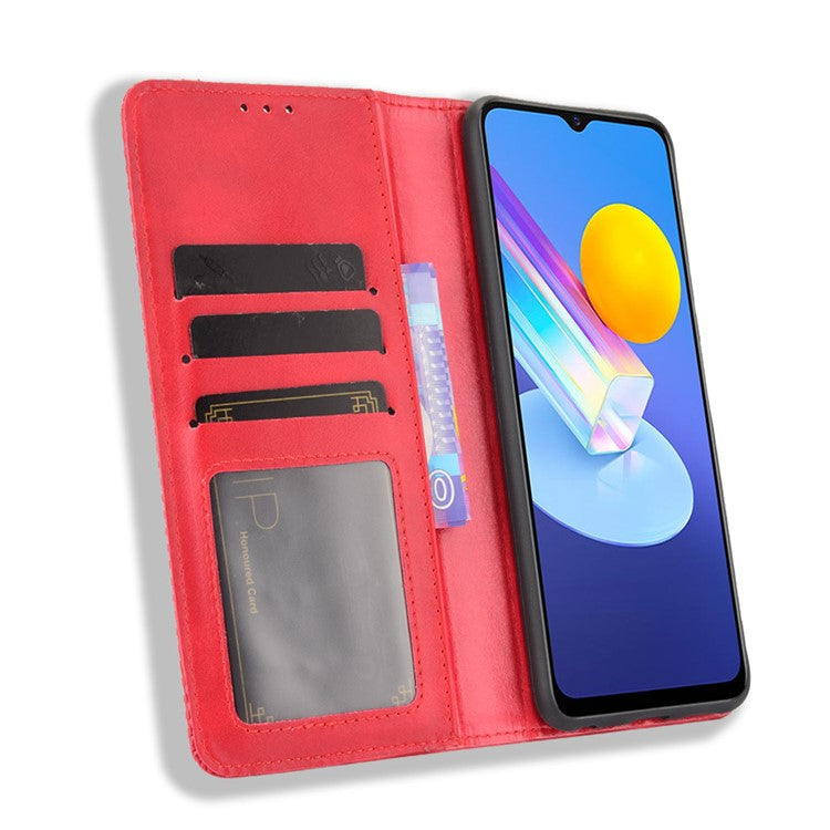 Magnetic Auto-absorbed Vintage Style Phone Wallet Stand Design Leather Case for vivo Y72 5G/iQOO Z3 - Red