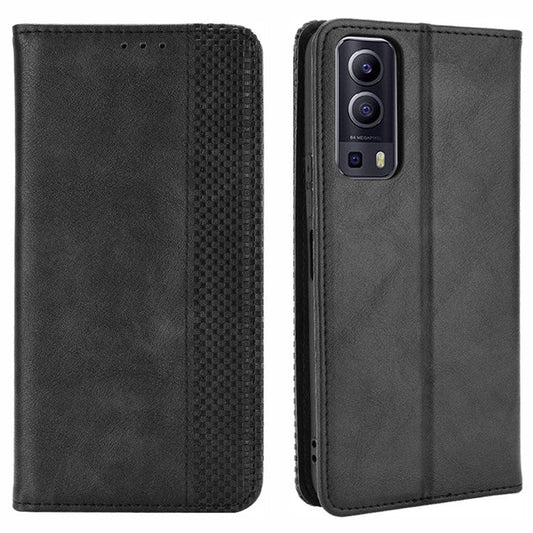Magnetic Auto-absorbed Vintage Style Phone Wallet Stand Design Leather Case for vivo Y72 5G/iQOO Z3 - Black