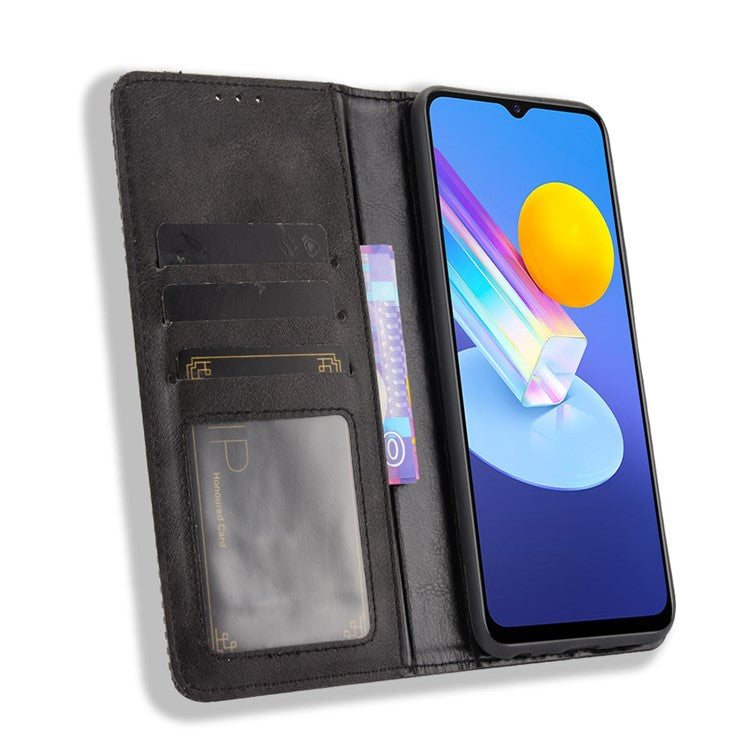 Magnetic Auto-absorbed Vintage Style Phone Wallet Stand Design Leather Case for vivo Y72 5G/iQOO Z3 - Black