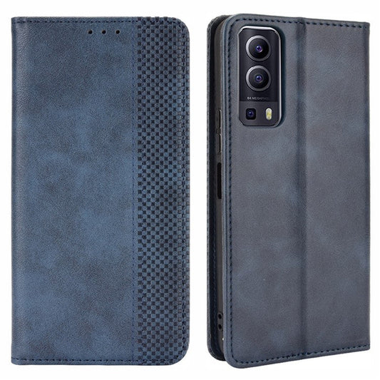 Magnetic Auto-absorbed Vintage Style Phone Wallet Stand Design Leather Case for vivo Y72 5G/iQOO Z3 - Blue