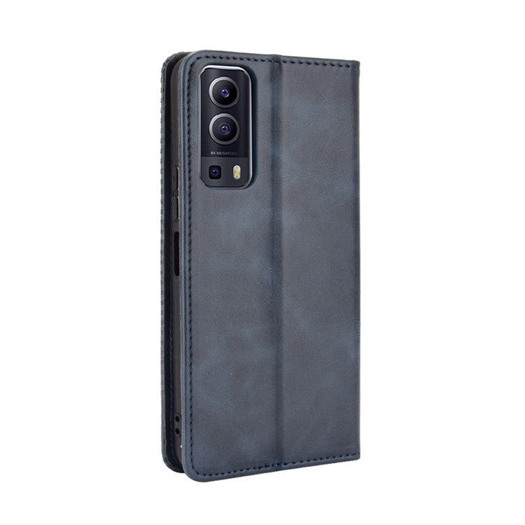 Magnetic Auto-absorbed Vintage Style Phone Wallet Stand Design Leather Case for vivo Y72 5G/iQOO Z3 - Blue