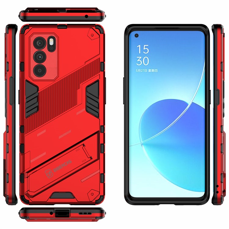 Kickstand Design Heavy Duty Tough Protection PC + TPU Case for Oppo Reno6 Pro 5G (MediaTek) - Red
