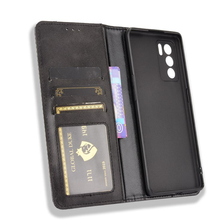 Vintage Style Magnetic Closure Leather Phone Case with Wallet Stand Design for Oppo Reno6 Pro 5G (MediaTek) - Black