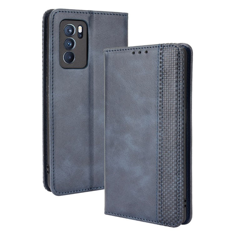 Vintage Style Magnetic Closure Leather Phone Case with Wallet Stand Design for Oppo Reno6 Pro 5G (MediaTek) - Blue
