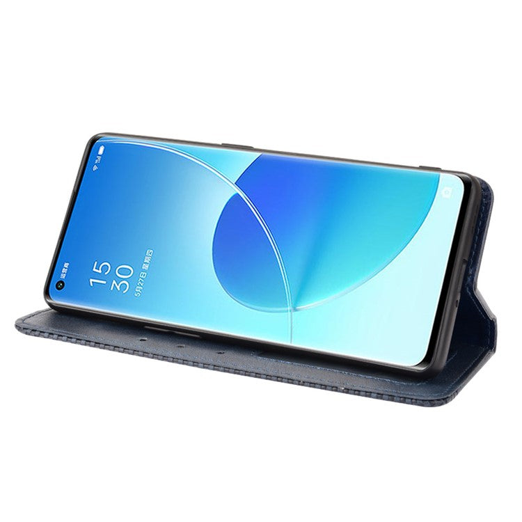 Vintage Style Magnetic Closure Leather Phone Case with Wallet Stand Design for Oppo Reno6 Pro 5G (MediaTek) - Blue