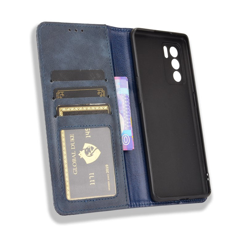 Vintage Style Magnetic Closure Leather Phone Case with Wallet Stand Design for Oppo Reno6 Pro 5G (MediaTek) - Blue
