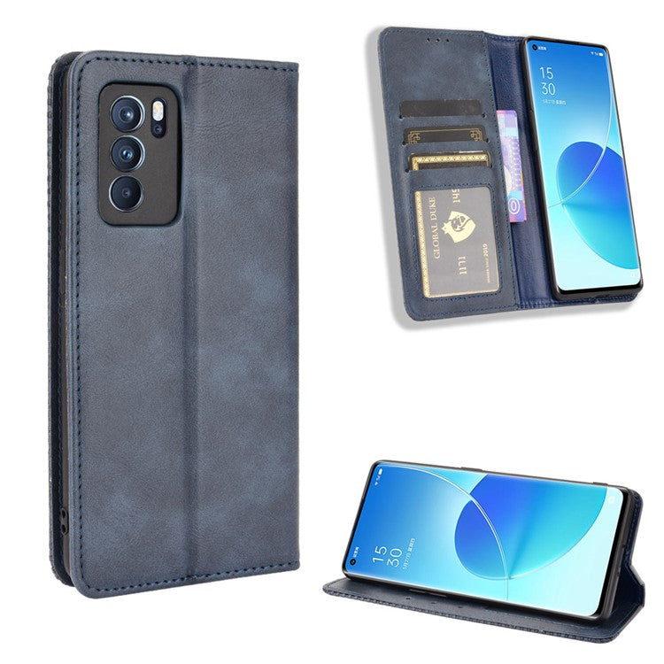 Vintage Style Magnetic Closure Leather Phone Case with Wallet Stand Design for Oppo Reno6 Pro 5G (MediaTek) - Blue