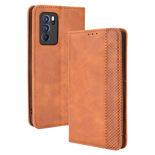 Vintage Style Magnetic Closure Leather Phone Case with Wallet Stand Design for Oppo Reno6 Pro 5G (MediaTek) - Brown