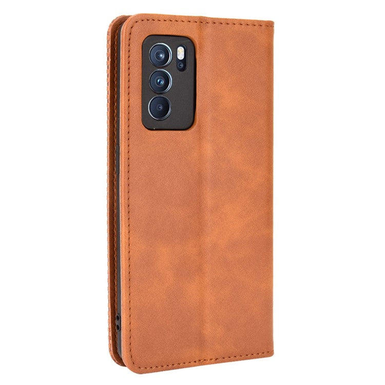 Vintage Style Magnetic Closure Leather Phone Case with Wallet Stand Design for Oppo Reno6 Pro 5G (MediaTek) - Brown