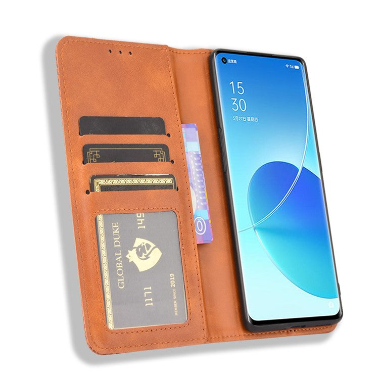 Vintage Style Magnetic Closure Leather Phone Case with Wallet Stand Design for Oppo Reno6 Pro 5G (MediaTek) - Brown