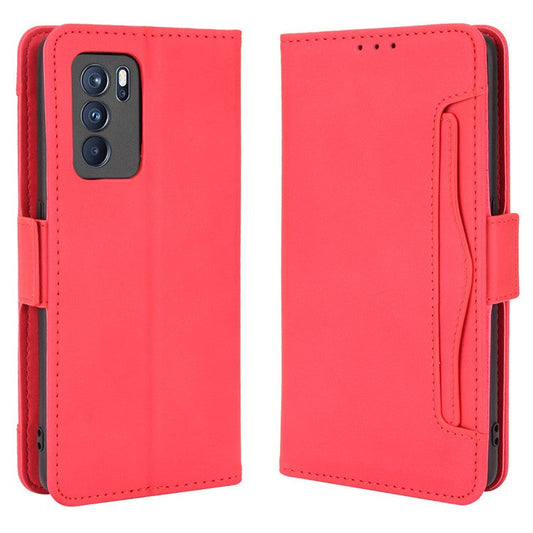 Leather Stand Wallet Phone Case Cover with Multiple Card Slots for Oppo Reno6 Pro 5G (MediaTek) - Red