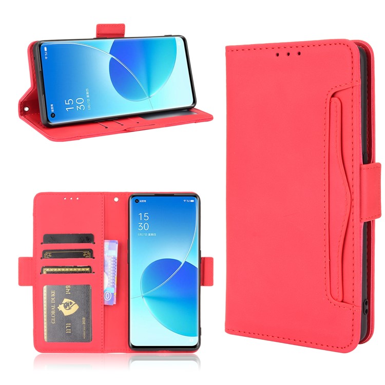 Leather Stand Wallet Phone Case Cover with Multiple Card Slots for Oppo Reno6 Pro 5G (MediaTek) - Red