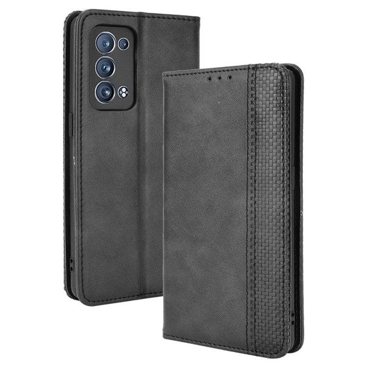Wallet Stand Design Vintage Style Magnetic Auto-absorbed Leather Phone Case for Oppo Reno6 Pro+ 5G/Pro 5G (Snapdragon) - Black