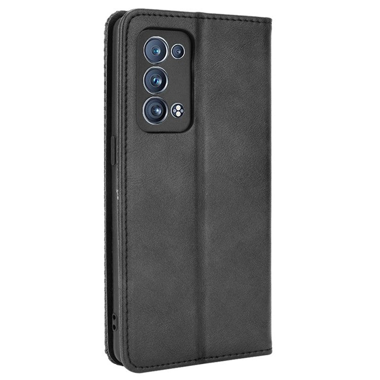 Wallet Stand Design Vintage Style Magnetic Auto-absorbed Leather Phone Case for Oppo Reno6 Pro+ 5G/Pro 5G (Snapdragon) - Black