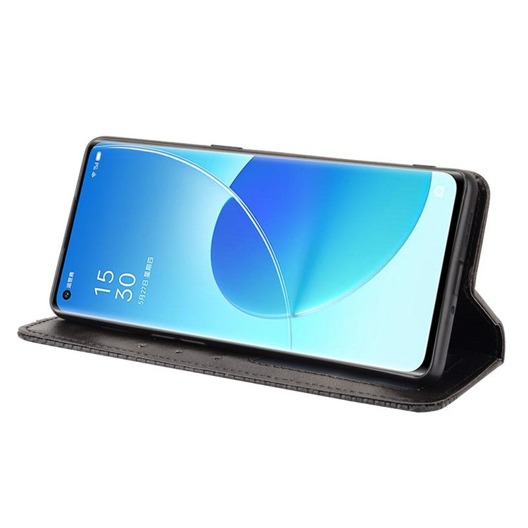 Wallet Stand Design Vintage Style Magnetic Auto-absorbed Leather Phone Case for Oppo Reno6 Pro+ 5G/Pro 5G (Snapdragon) - Black