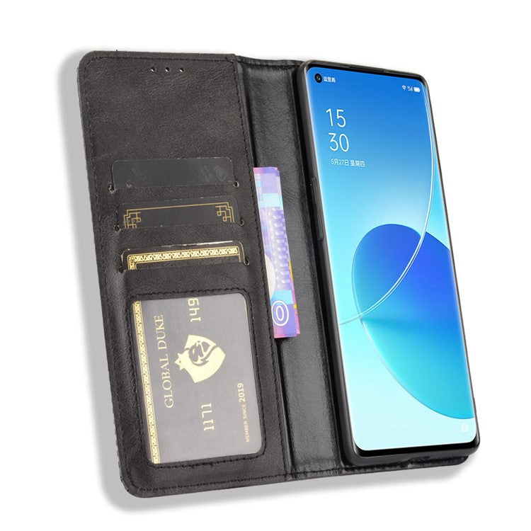 Wallet Stand Design Vintage Style Magnetic Auto-absorbed Leather Phone Case for Oppo Reno6 Pro+ 5G/Pro 5G (Snapdragon) - Black