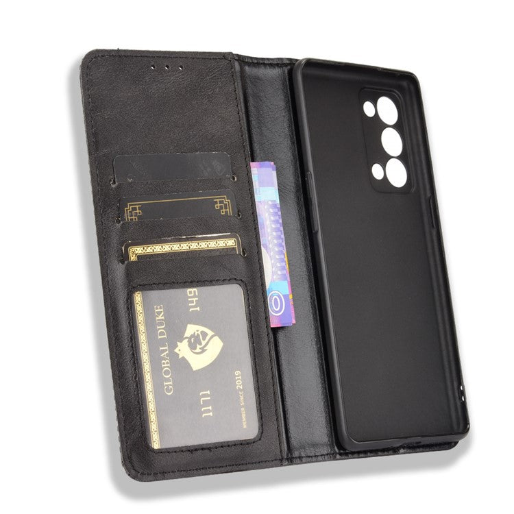 Wallet Stand Design Vintage Style Magnetic Auto-absorbed Leather Phone Case for Oppo Reno6 Pro+ 5G/Pro 5G (Snapdragon) - Black