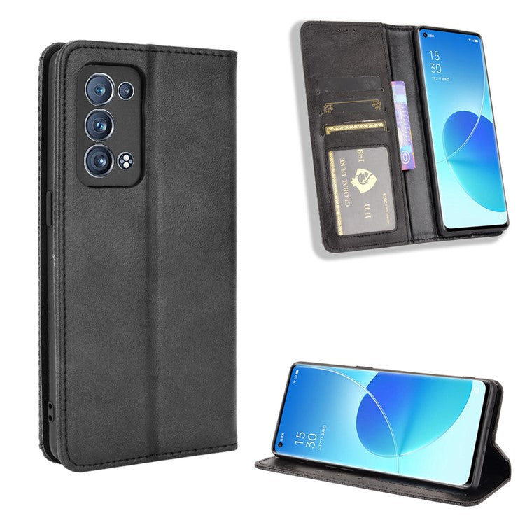 Wallet Stand Design Vintage Style Magnetic Auto-absorbed Leather Phone Case for Oppo Reno6 Pro+ 5G/Pro 5G (Snapdragon) - Black