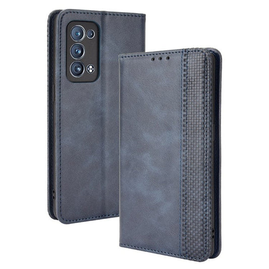 Wallet Stand Design Vintage Style Magnetic Auto-absorbed Leather Phone Case for Oppo Reno6 Pro+ 5G/Pro 5G (Snapdragon) - Blue