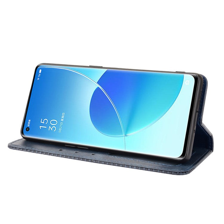 Wallet Stand Design Vintage Style Magnetic Auto-absorbed Leather Phone Case for Oppo Reno6 Pro+ 5G/Pro 5G (Snapdragon) - Blue