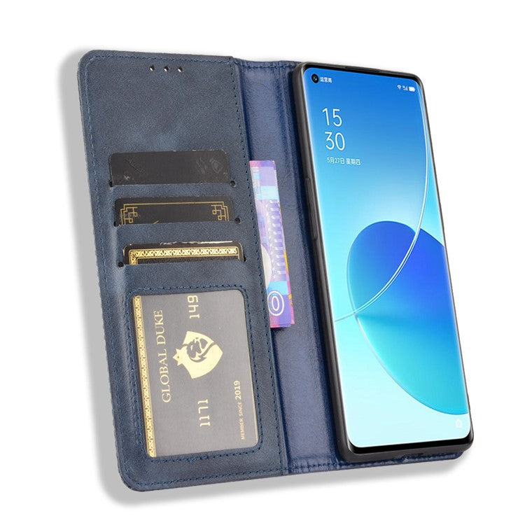 Wallet Stand Design Vintage Style Magnetic Auto-absorbed Leather Phone Case for Oppo Reno6 Pro+ 5G/Pro 5G (Snapdragon) - Blue
