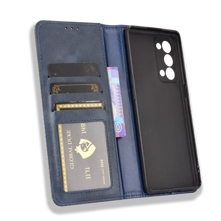 Wallet Stand Design Vintage Style Magnetic Auto-absorbed Leather Phone Case for Oppo Reno6 Pro+ 5G/Pro 5G (Snapdragon) - Blue