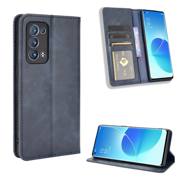 Wallet Stand Design Vintage Style Magnetic Auto-absorbed Leather Phone Case for Oppo Reno6 Pro+ 5G/Pro 5G (Snapdragon) - Blue