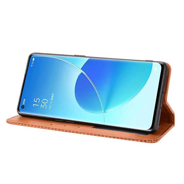 Wallet Stand Design Vintage Style Magnetic Auto-absorbed Leather Phone Case for Oppo Reno6 Pro+ 5G/Pro 5G (Snapdragon) - Brown