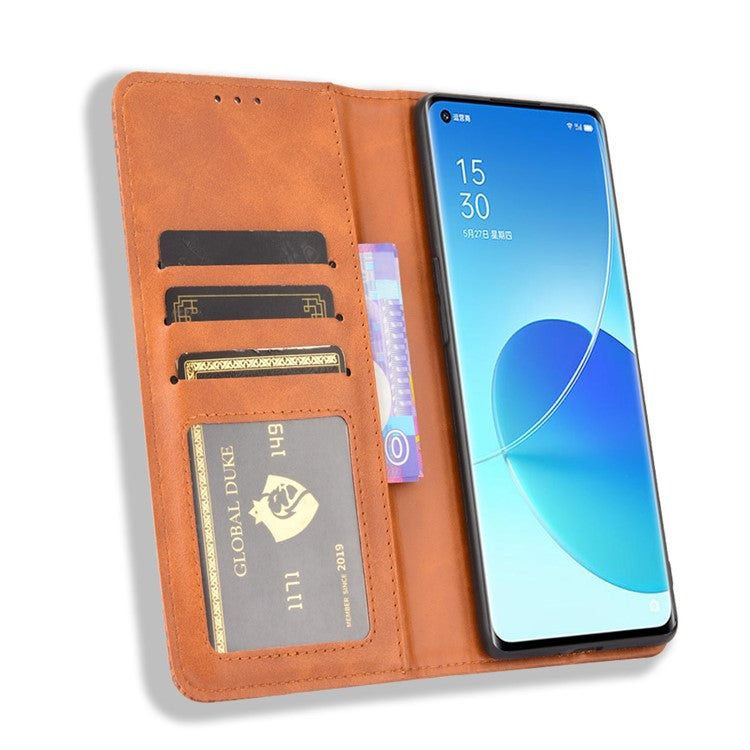 Wallet Stand Design Vintage Style Magnetic Auto-absorbed Leather Phone Case for Oppo Reno6 Pro+ 5G/Pro 5G (Snapdragon) - Brown