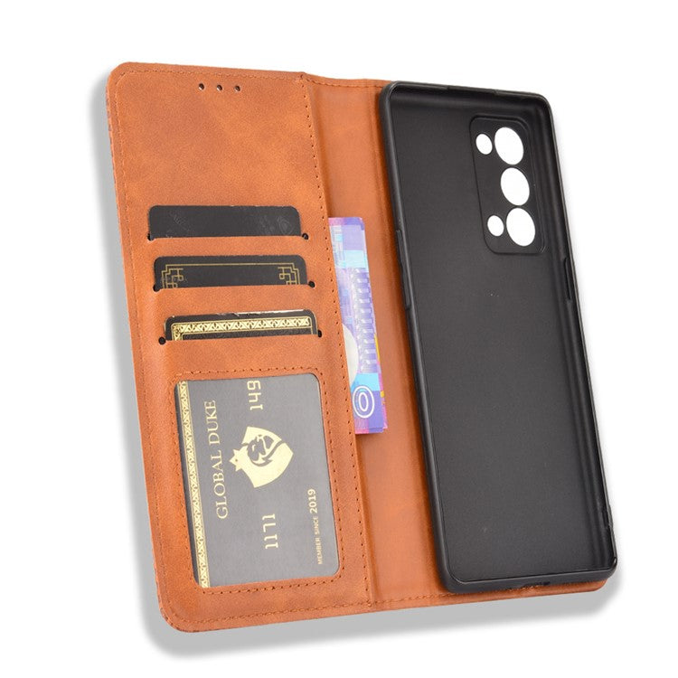 Wallet Stand Design Vintage Style Magnetic Auto-absorbed Leather Phone Case for Oppo Reno6 Pro+ 5G/Pro 5G (Snapdragon) - Brown