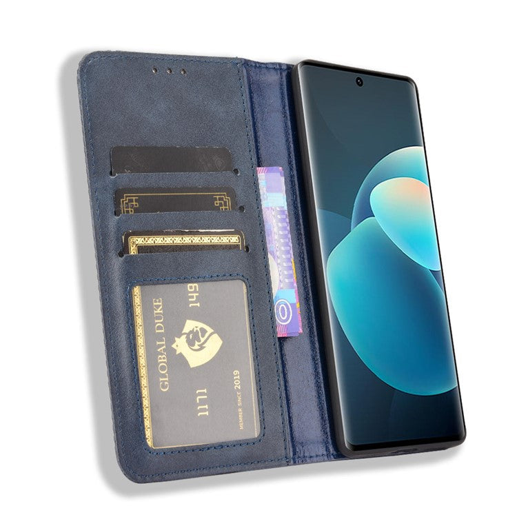 Vintage Magnetic Auto-absorbed Leather Phone Case with Wallet Stand Design for vivo X60 5G/X60 Pro 5G (Global) - Blue