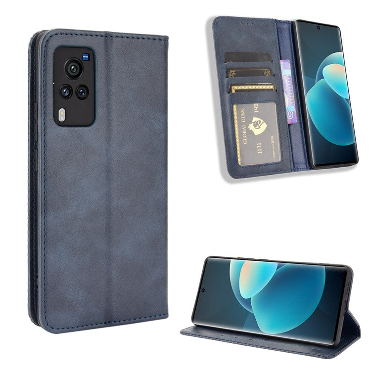 Vintage Magnetic Auto-absorbed Leather Phone Case with Wallet Stand Design for vivo X60 5G/X60 Pro 5G (Global) - Blue