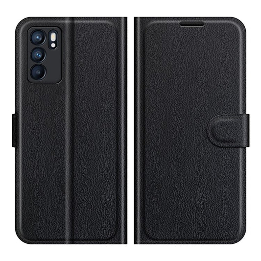 Litchi Skin Full Body Coverage Shockproof Protective Magnetic Folio Wallet Leather Phone Case for Oppo Reno6 5G - Black