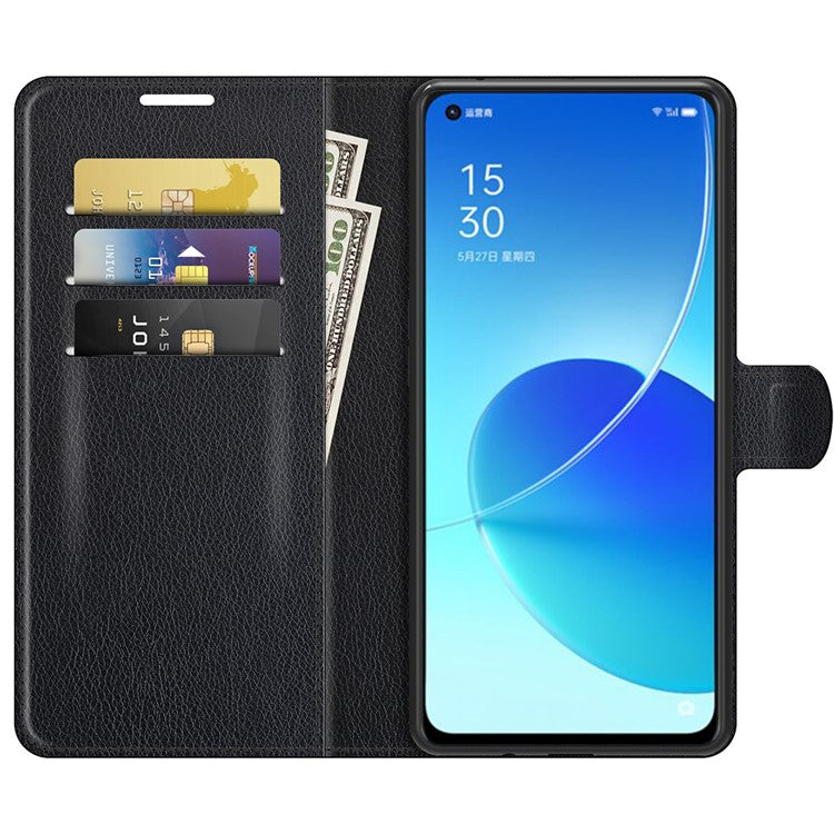 Litchi Skin Full Body Coverage Shockproof Protective Magnetic Folio Wallet Leather Phone Case for Oppo Reno6 5G - Black