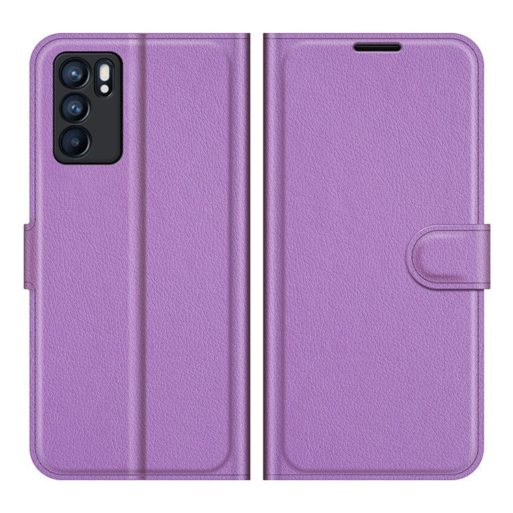 Litchi Skin Full Body Coverage Shockproof Protective Magnetic Folio Wallet Leather Phone Case for Oppo Reno6 5G - Purple