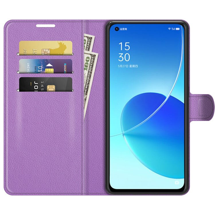 Litchi Skin Full Body Coverage Shockproof Protective Magnetic Folio Wallet Leather Phone Case for Oppo Reno6 5G - Purple