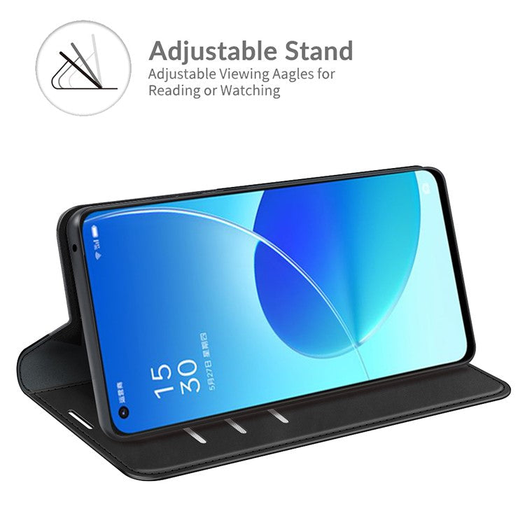 Skin-touch Auto-absorbed Folio Flip Leather Case with Wallet Stand for Oppo Reno6 5G - Black