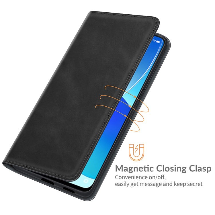 Skin-touch Auto-absorbed Folio Flip Leather Case with Wallet Stand for Oppo Reno6 5G - Black