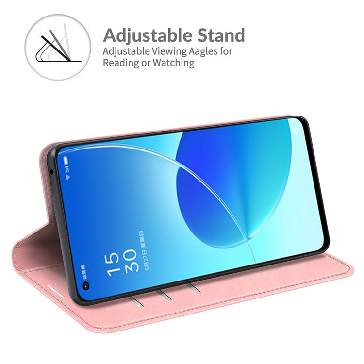 Skin-touch Auto-absorbed Folio Flip Leather Case with Wallet Stand for Oppo Reno6 5G - Pink