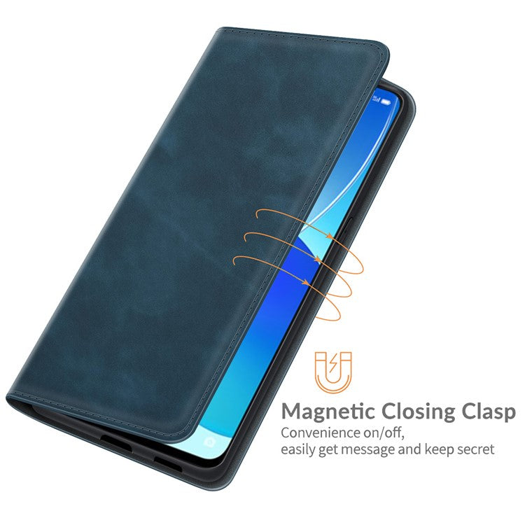 Skin-touch Auto-absorbed Folio Flip Leather Case with Wallet Stand for Oppo Reno6 5G - Blue