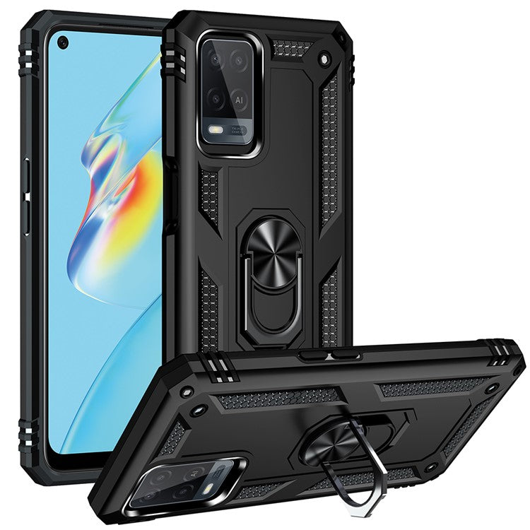 PC + TPU + Metal Hybrid Case Shockproof Phone Cover with Finger Ring Kickstand for Oppo A54 4G - Black