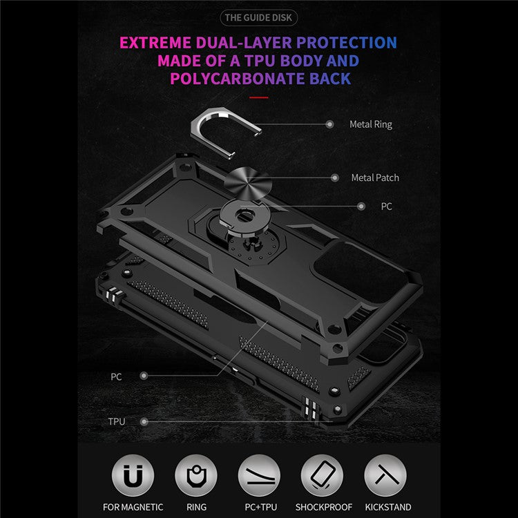 PC + TPU + Metal Hybrid Case Shockproof Phone Cover with Finger Ring Kickstand for Oppo A54 4G - Black